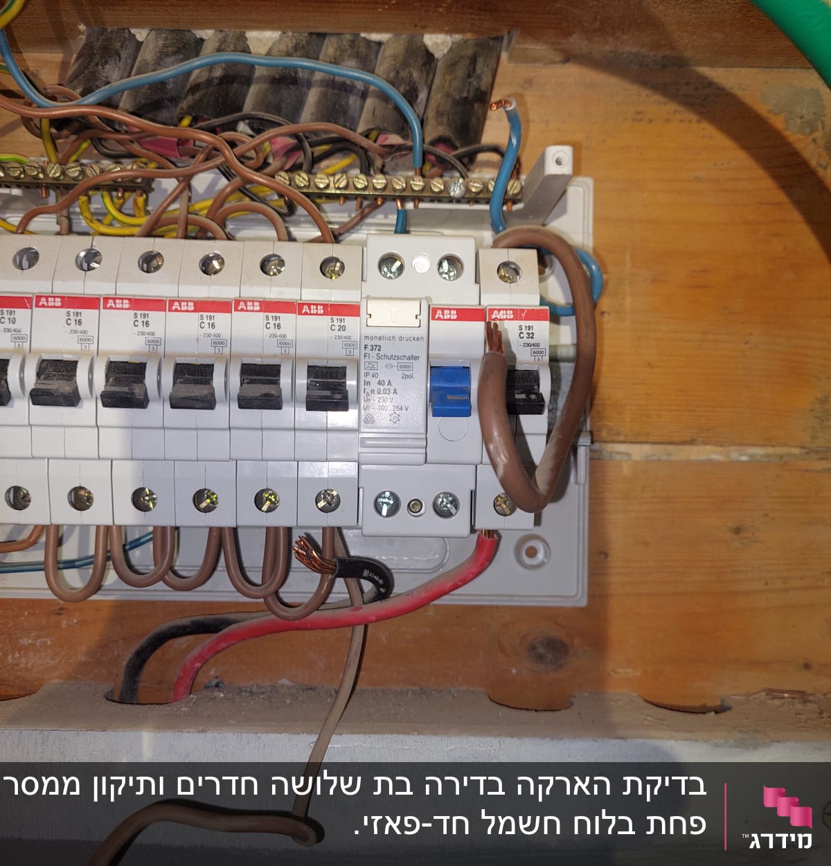 לוח חשמל עם מפסקים וחוטי חשמל צבעוניים